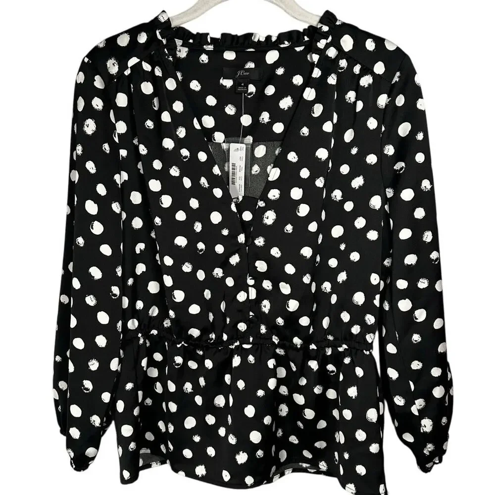 NWT J. Crew Black & White Polka Dot Satin Peplum Blouse Women's 4